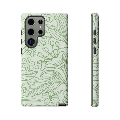 Sage Green Floral Line Art Tough Samsung Galaxy Case – Minimalist Botanical Design with Dual-Layer Protection