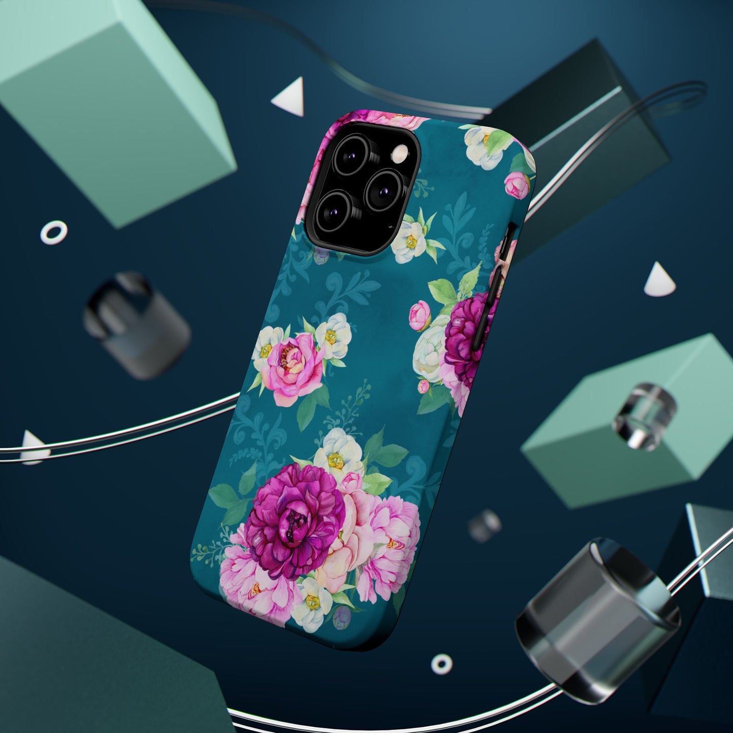 Elegant Peony Bouquet MagSafe iPhone Case – Deep Teal Background with Romantic Floral Design