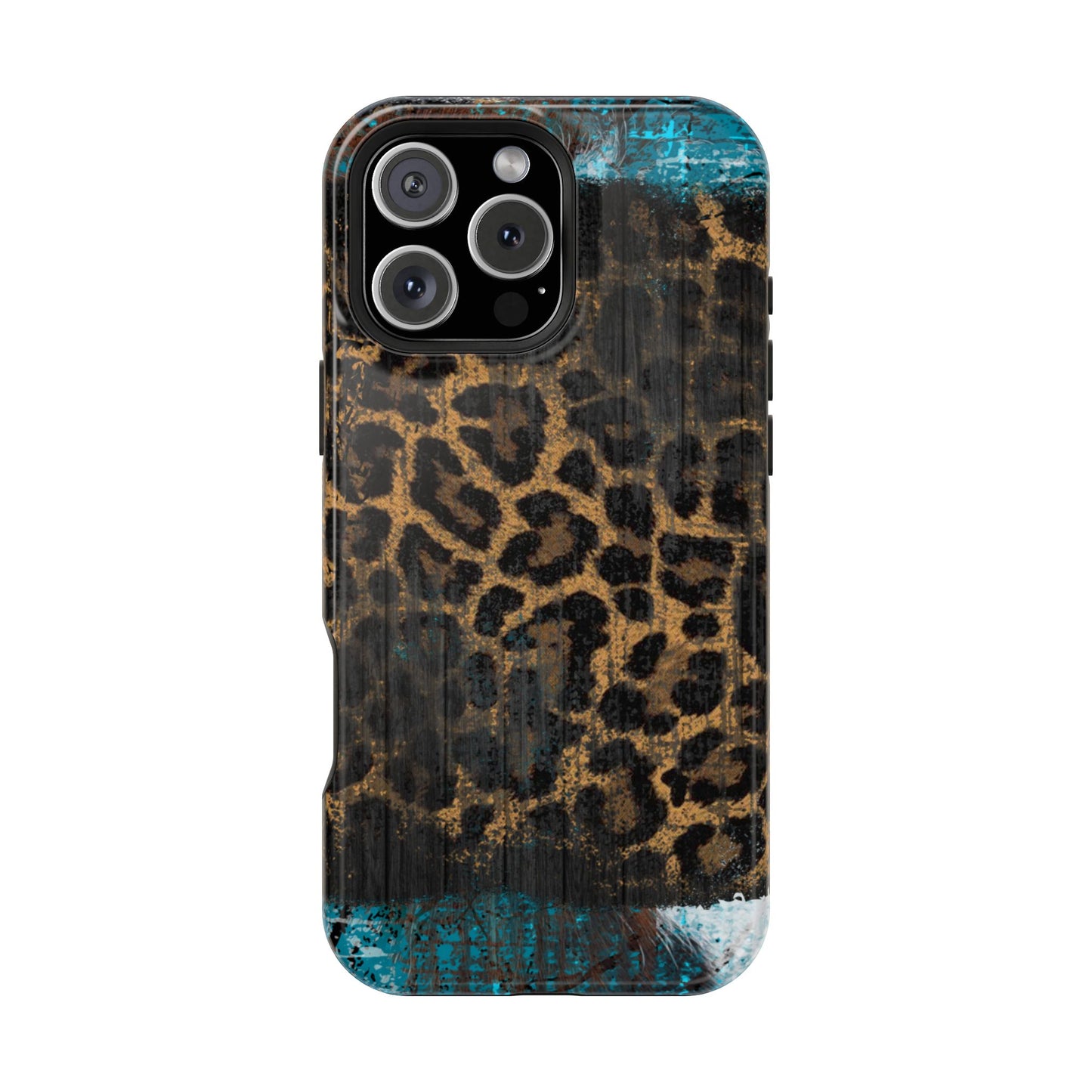 Boho Leopard and Turquoise Tough MagSafe iPhone Case – Rustic Western Design with Dual-Layer Protection