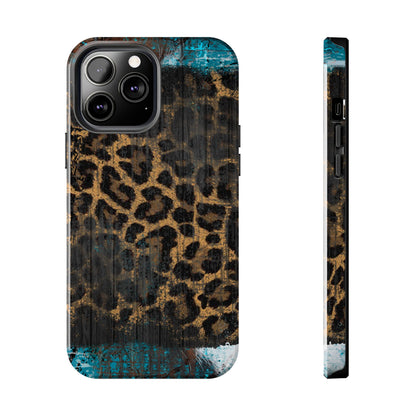 Boho Leopard and Turquoise Tough iPhone Case – Rustic Western Design with Dual-Layer Protection