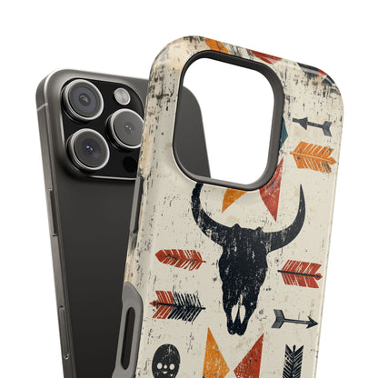 Tribal Bull Skull & Arrows Tough MagSafe iPhone Case – Rustic Western Design, Dual-Layer Protection