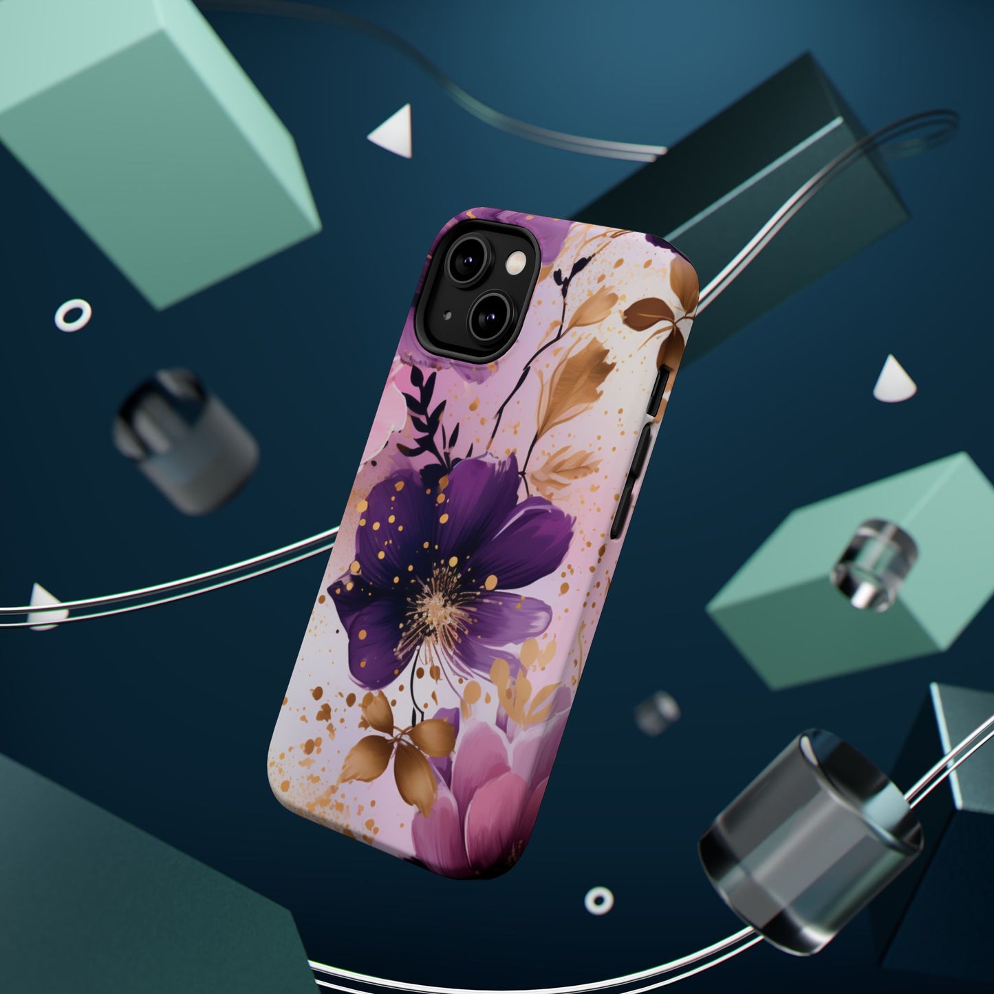 Elegant Purple & Gold Floral MagSafe iPhone Case - Luxe Flower Design