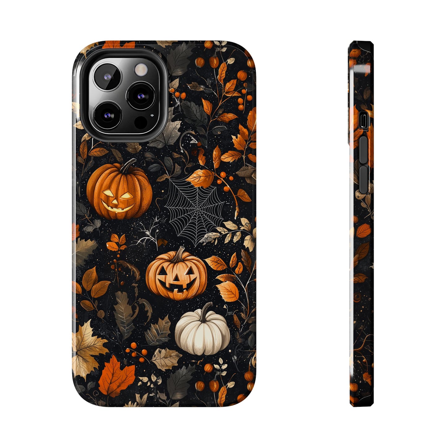 Elegant Halloween iPhone Case – Pumpkin Jack-o'-Lanterns, Cobwebs & Autumn Foliage Design