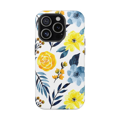 Golden Yellow & Sky Blue Floral – Watercolor Botanical MagSafe iPhone Case