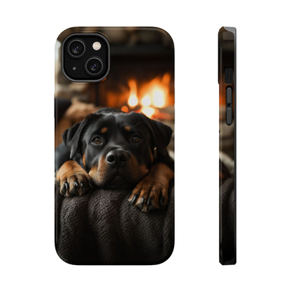 Cozy Rottweiler by the Fireplace MagSafe iPhone Case – Warm Rustic Design