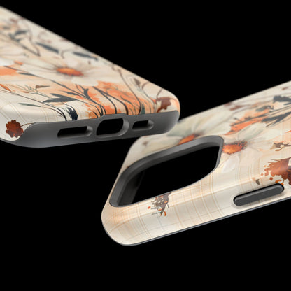 Pastel Orange Floral MagSafe iPhone Case - Elegant Plaid Protective Cover