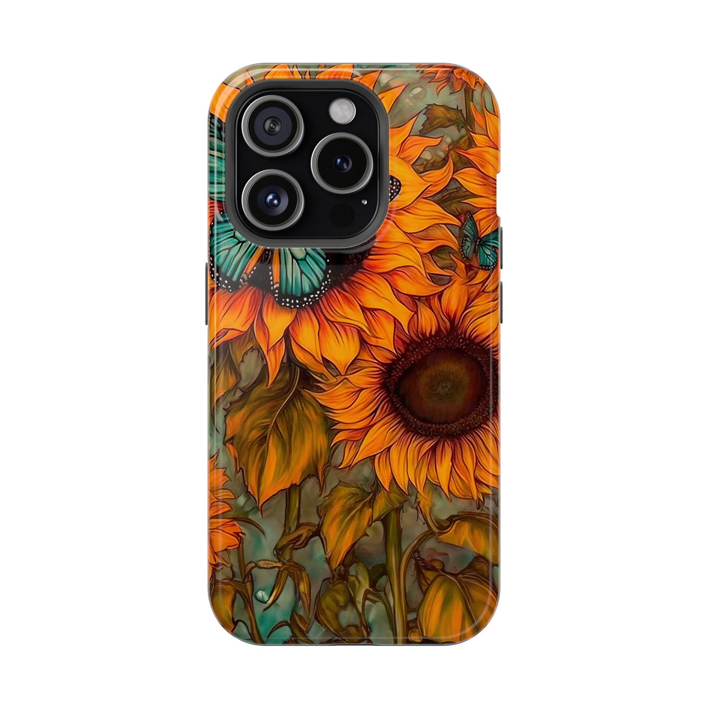 Vintage Blue Butterfly & Sunflower Art – MagSafe iPhone Case