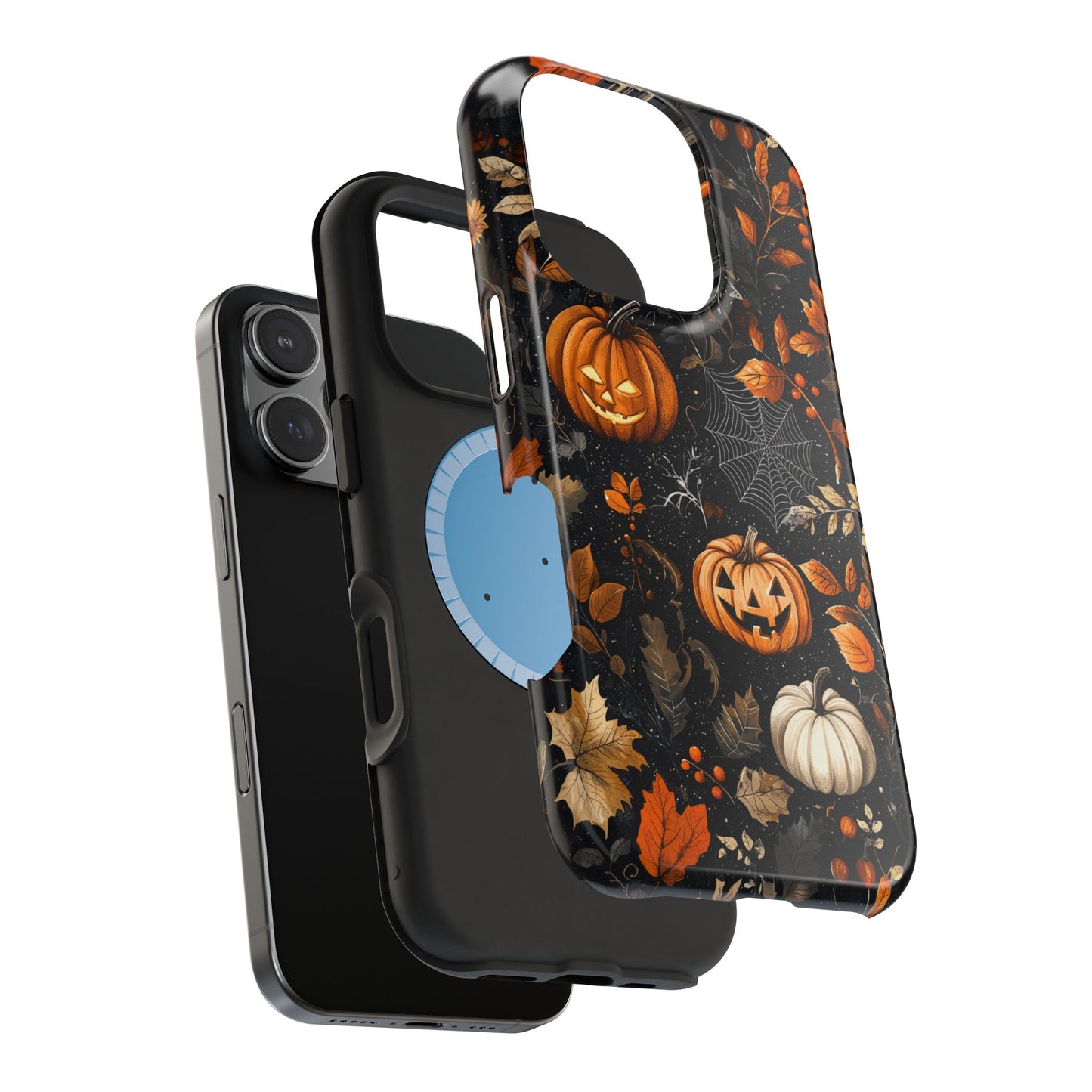 Elegant Halloween MagSafe iPhone Case – Pumpkin Jack-o'-Lanterns, Cobwebs & Autumn Foliage Design