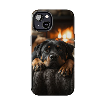 Cozy Rottweiler by the Fireplace iPhone Case – Warm Rustic Design