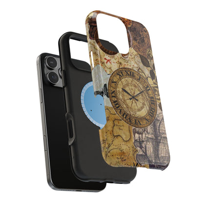 Steampunk Vintage Adventure MagSafe iPhone Case – Dual-Layer Protection with Antique Map and Clock Design