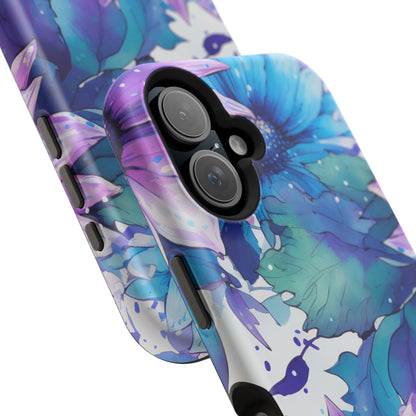 Purple & Teal Watercolor Floral MagSafe iPhone Case - Artistic Flower Design