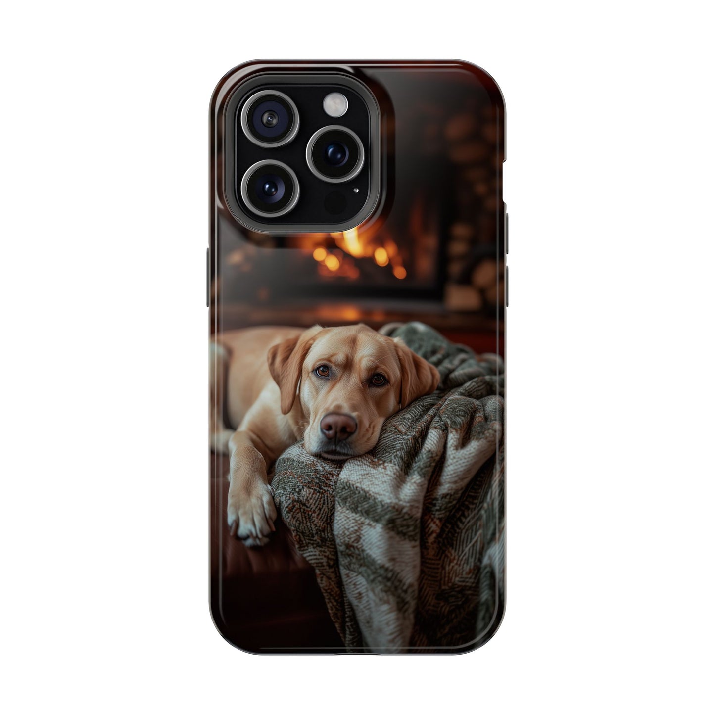 Cozy Labrador by Fireplace MagSafe iPhone Case – Rustic Cabin Protective Cover