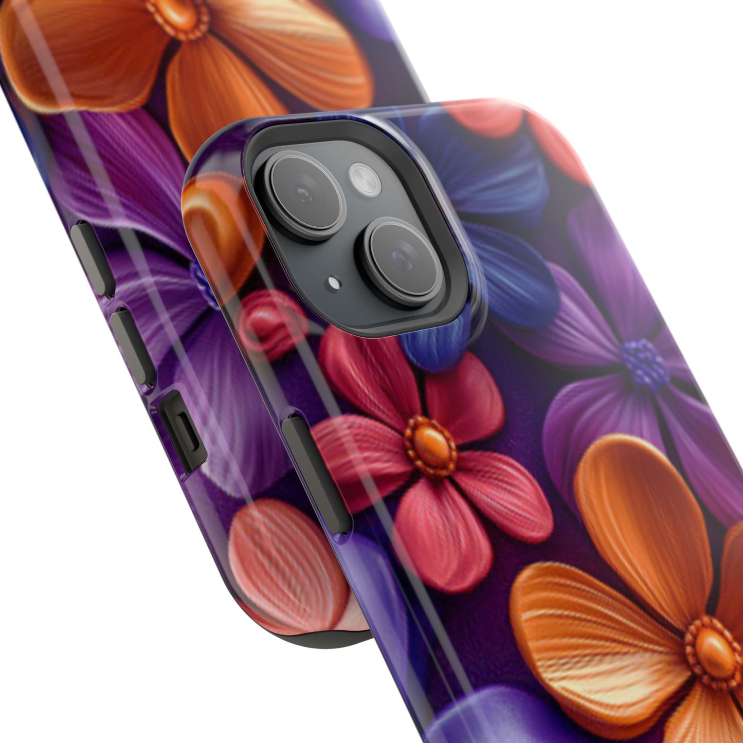 Bold Floral 3D MagSafe iPhone Case – Vivid Purple and Orange Flower Design, Shock-Resistant