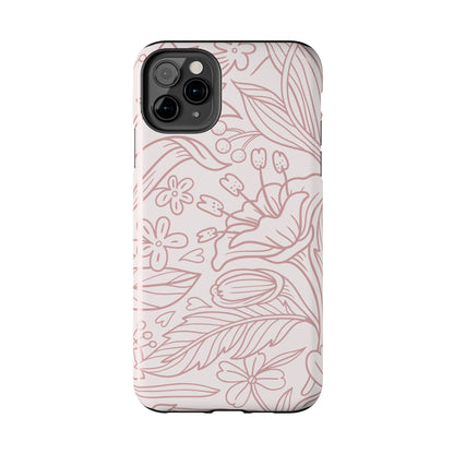 Blush Floral Line Art Tough iPhone Case – Delicate Minimalist Design with Dual-Layer Protection