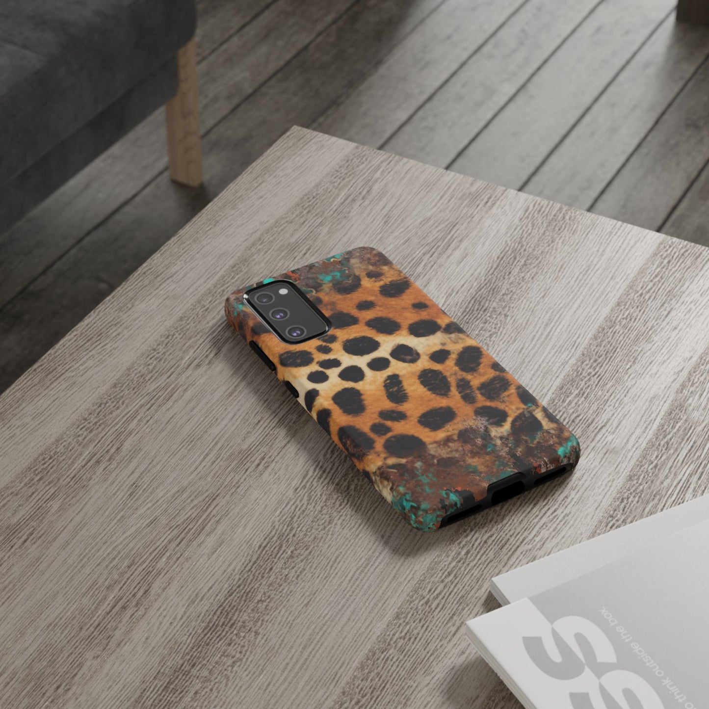 Rustic Leopard Print Tough Samsung Galaxy Case – Distressed Turquoise and Animal Pattern with Dual-Layer Protection