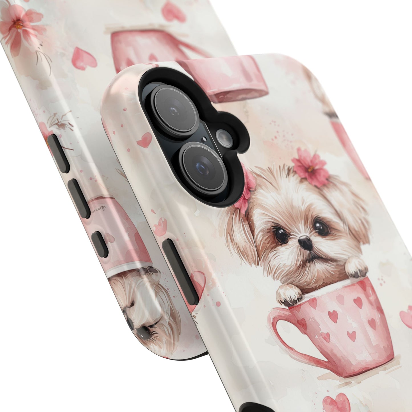 Floral Puppy in Teacup MagSafe iPhone Case – Cute Pink Flower Design, Tough Dual-Layer Protection