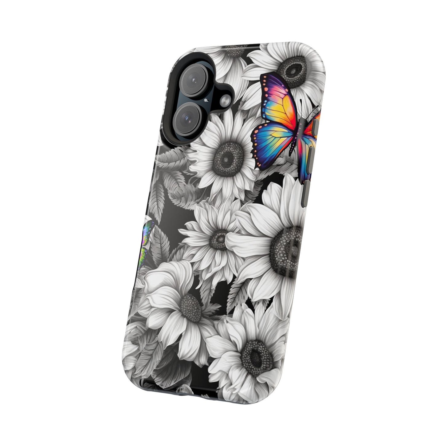 Rainbow Butterflies & Monochrome Sunflowers – MagSafe iPhone Case