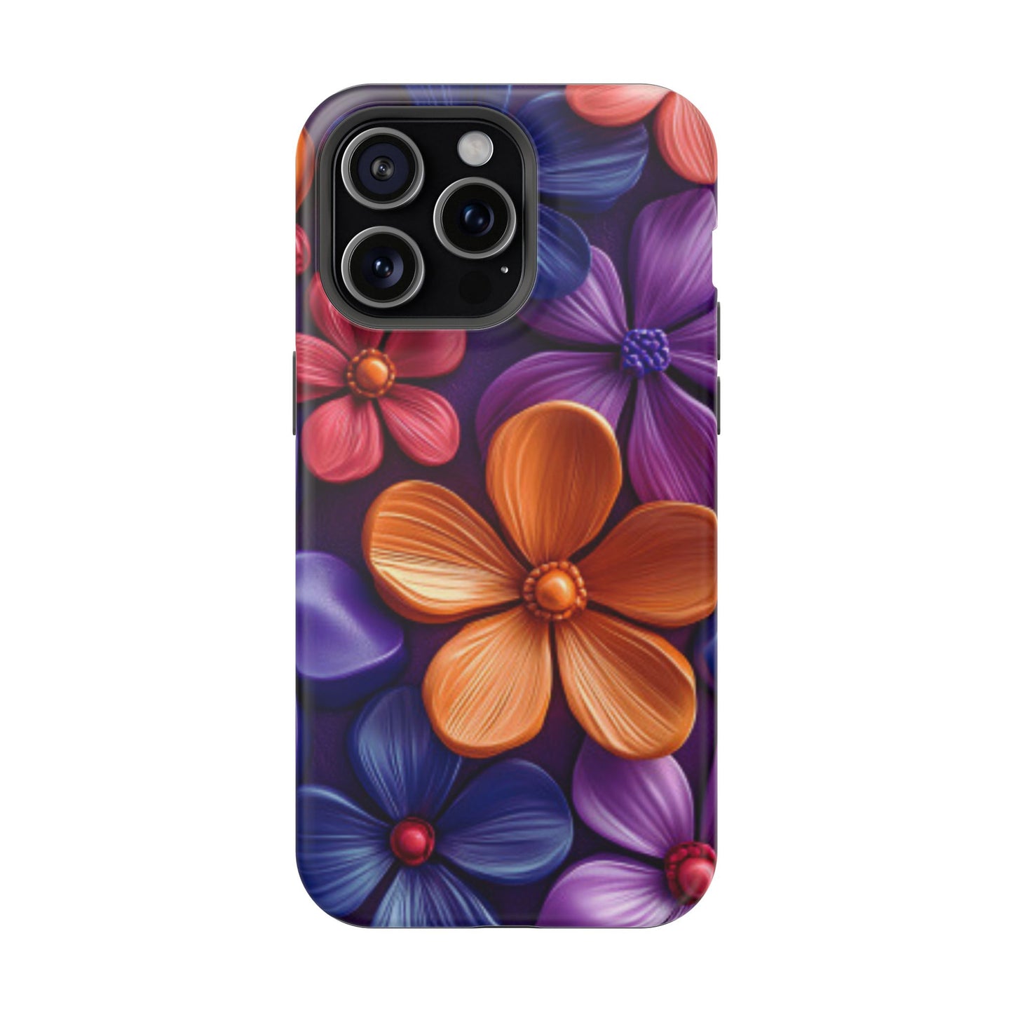 Bold Floral 3D MagSafe iPhone Case – Vivid Purple and Orange Flower Design, Shock-Resistant