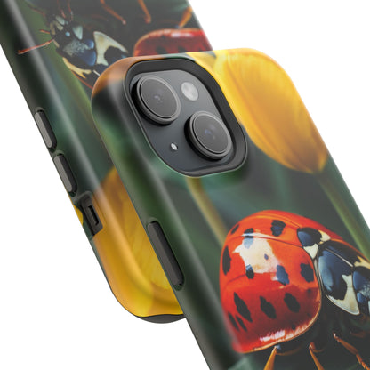 MagSafe iPhone Case: Vibrant Ladybug Amidst a Lush Yellow Flower Garden