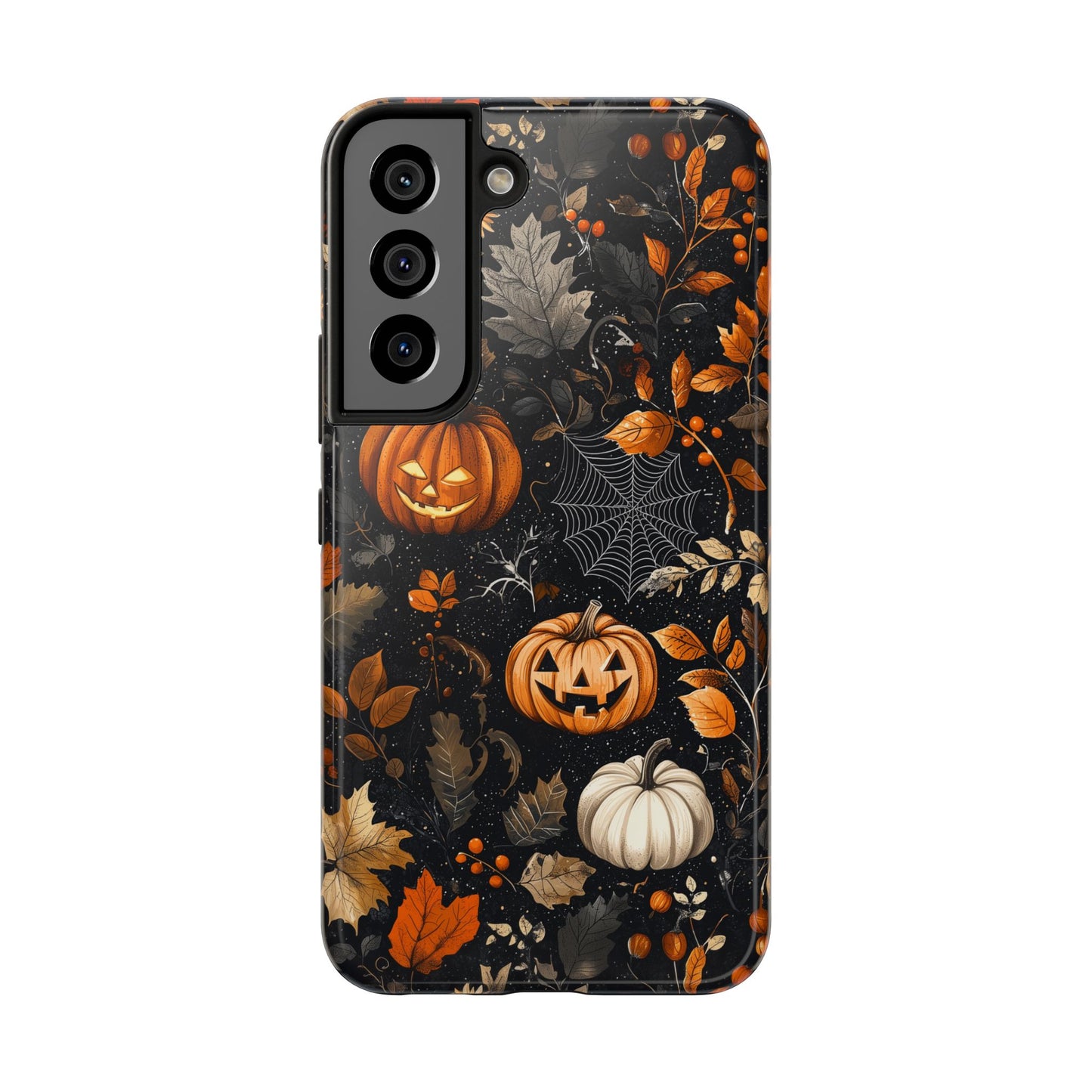 Elegant Halloween Samsung Galaxy  Case – Pumpkin Jack-o'-Lanterns, Cobwebs & Autumn Foliage Design