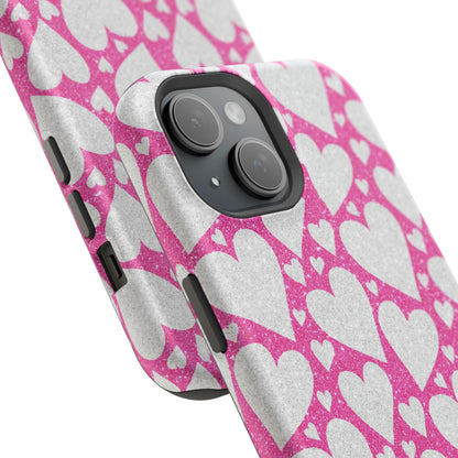 Pink and Silver Glitter Heart Pattern MagSafe Case