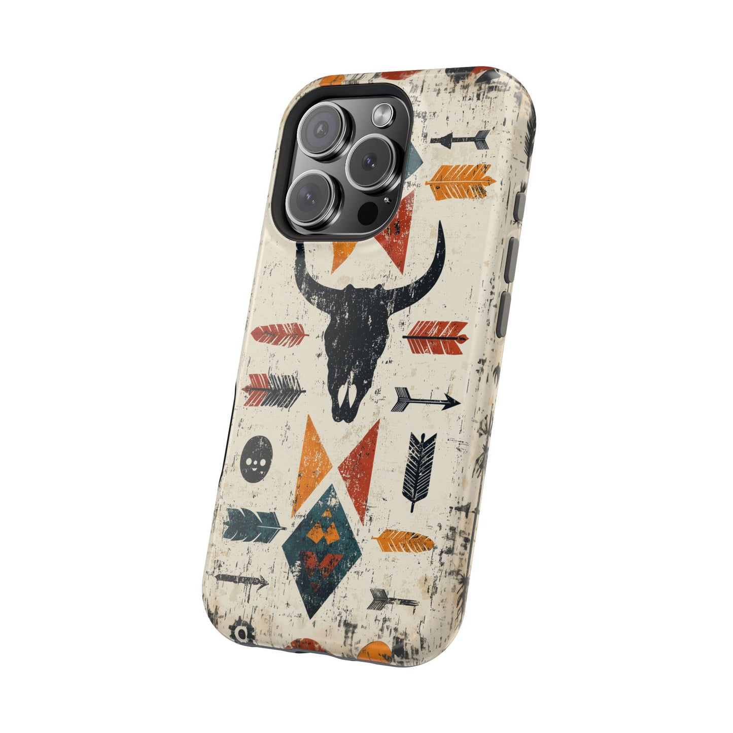 Tribal Bull Skull & Arrows Tough MagSafe iPhone Case – Rustic Western Design, Dual-Layer Protection