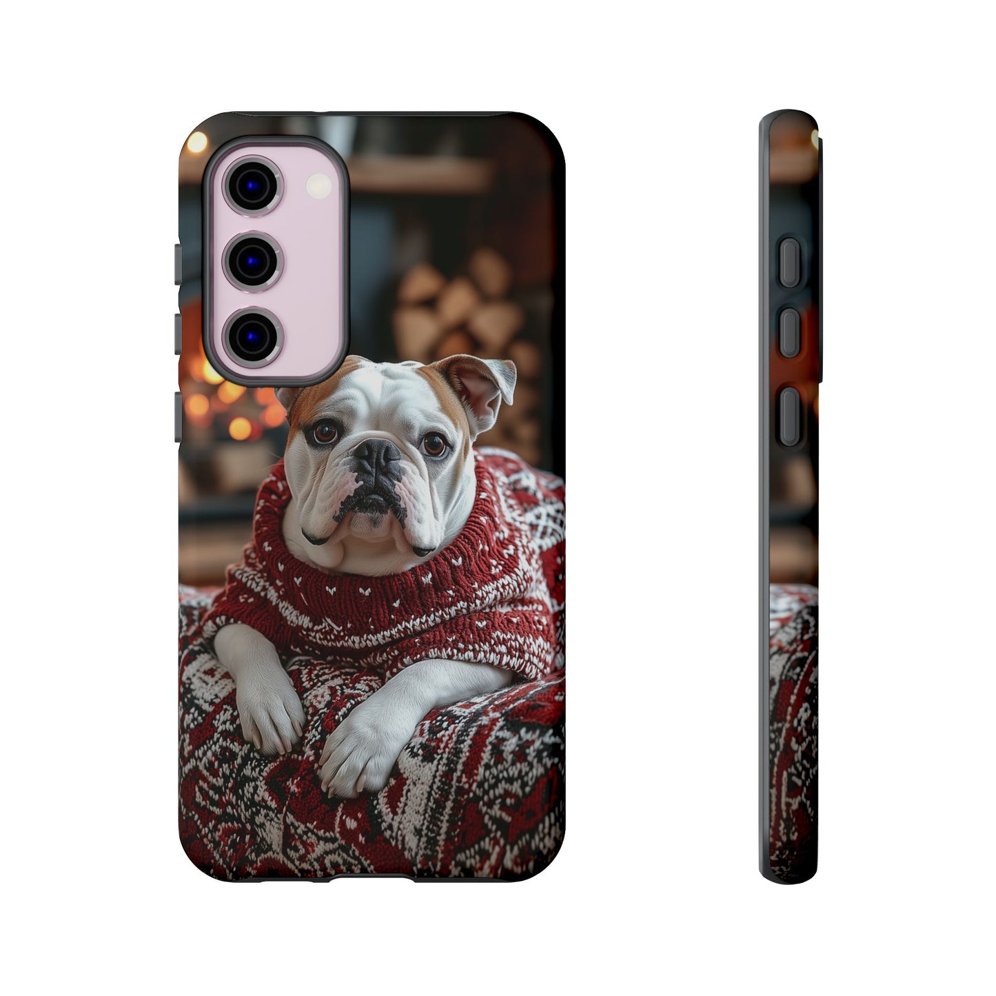 Cozy Bulldog in Sweater Samsung Galaxy Case – Festive Fireplace Protective Cove