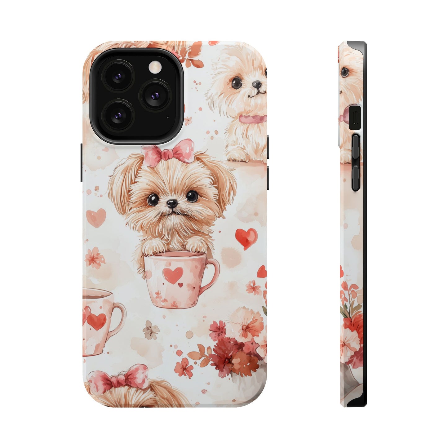 Puppies & Heart Mugs MagSafe iPhone Case – Sweet Dog & Floral Design, Shockproof & Slim