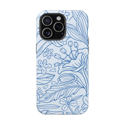 Dusty Blue Floral Line Art Tough MagSafe iPhone Case – Minimalist Botanical Design with Dual-Layer Protection