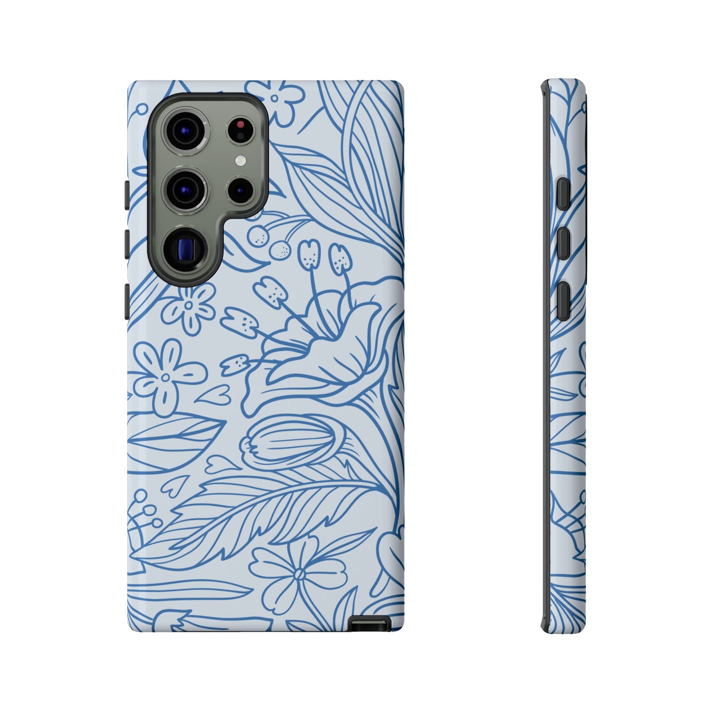 Dusty Blue Floral Line Art Tough Samsung Galaxy Case – Minimalist Botanical Design with Dual-Layer Protection