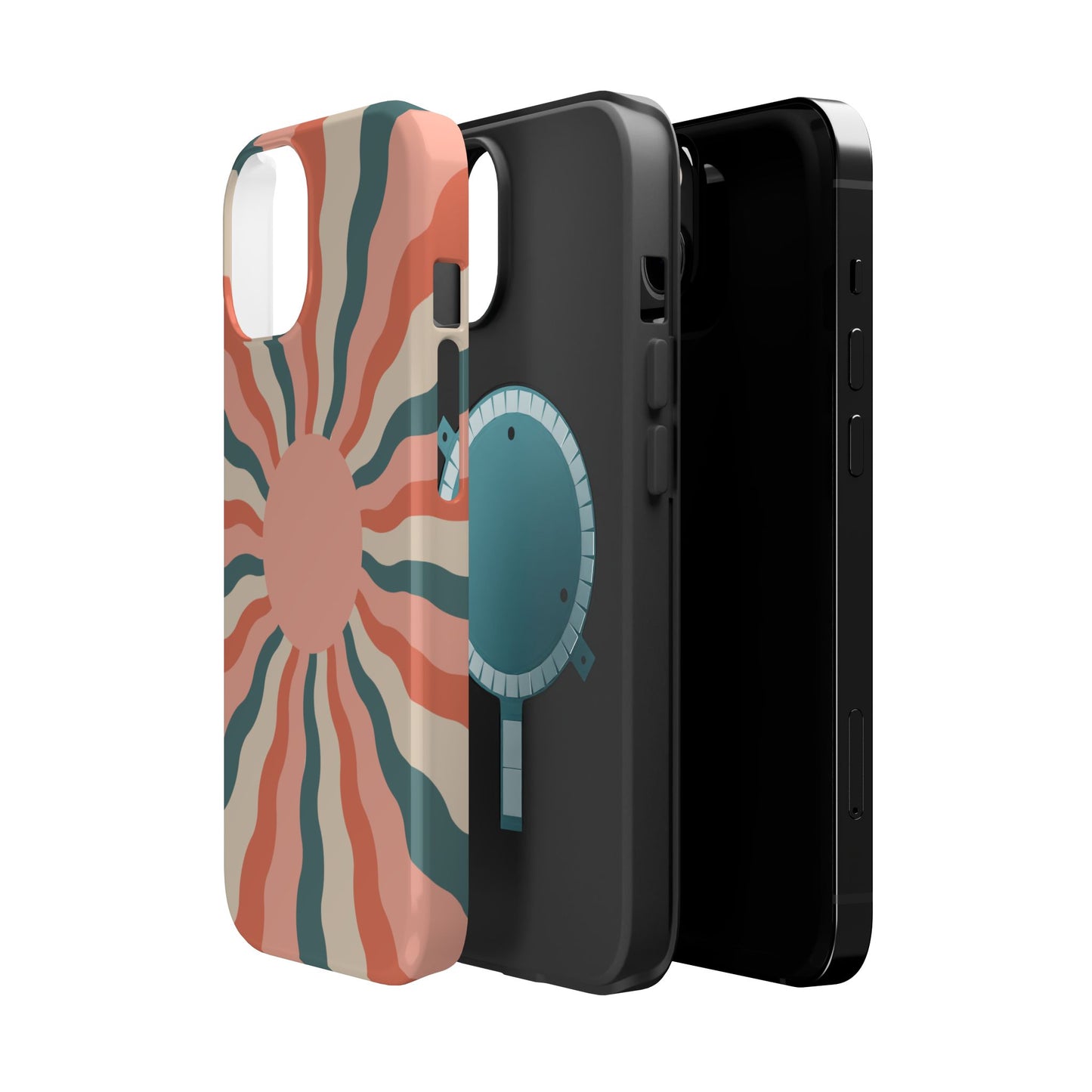 Retro Sunburst MagSafe iPhone Case – Bold 70s-Inspired Waves in Coral, Teal, and Cream