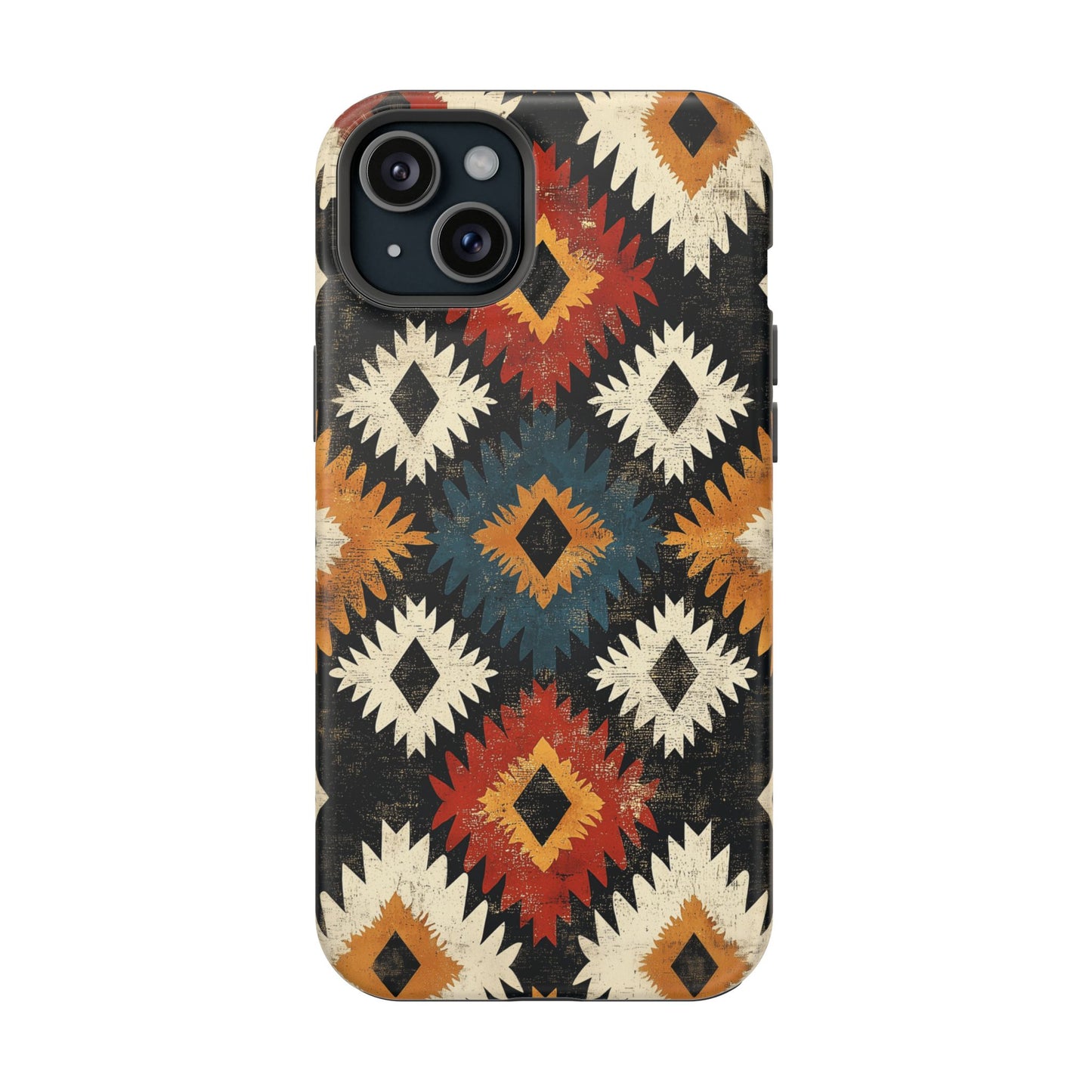 Rustic Tribal Sunburst Tough MagSafe iPhone Case – Vibrant Geometric Design, Dual-Layer Protection