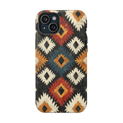 Rustic Tribal Sunburst Tough MagSafe iPhone Case – Vibrant Geometric Design, Dual-Layer Protection