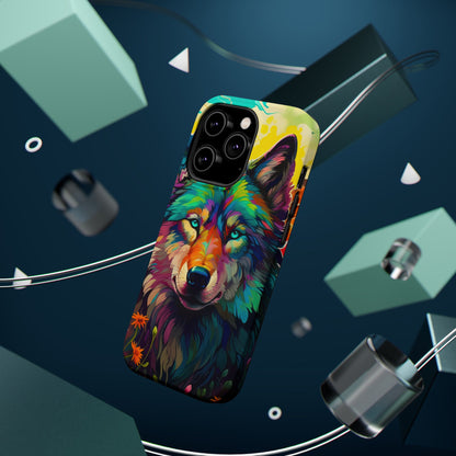 Rainbow Wolf in Bloom – MagSafe iPhone Case with Nature-Inspired Design