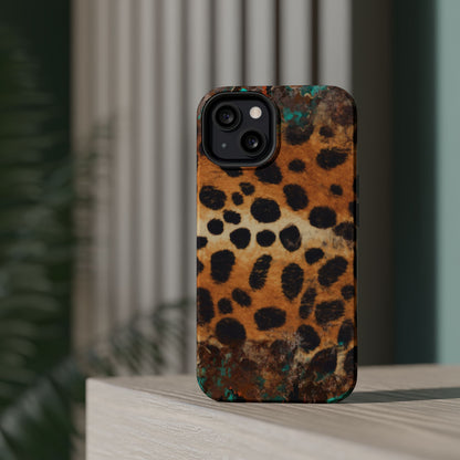 Rustic Leopard Print Tough MagSafe iPhone Case – Distressed Turquoise and Animal Pattern with Dual-Layer Protection