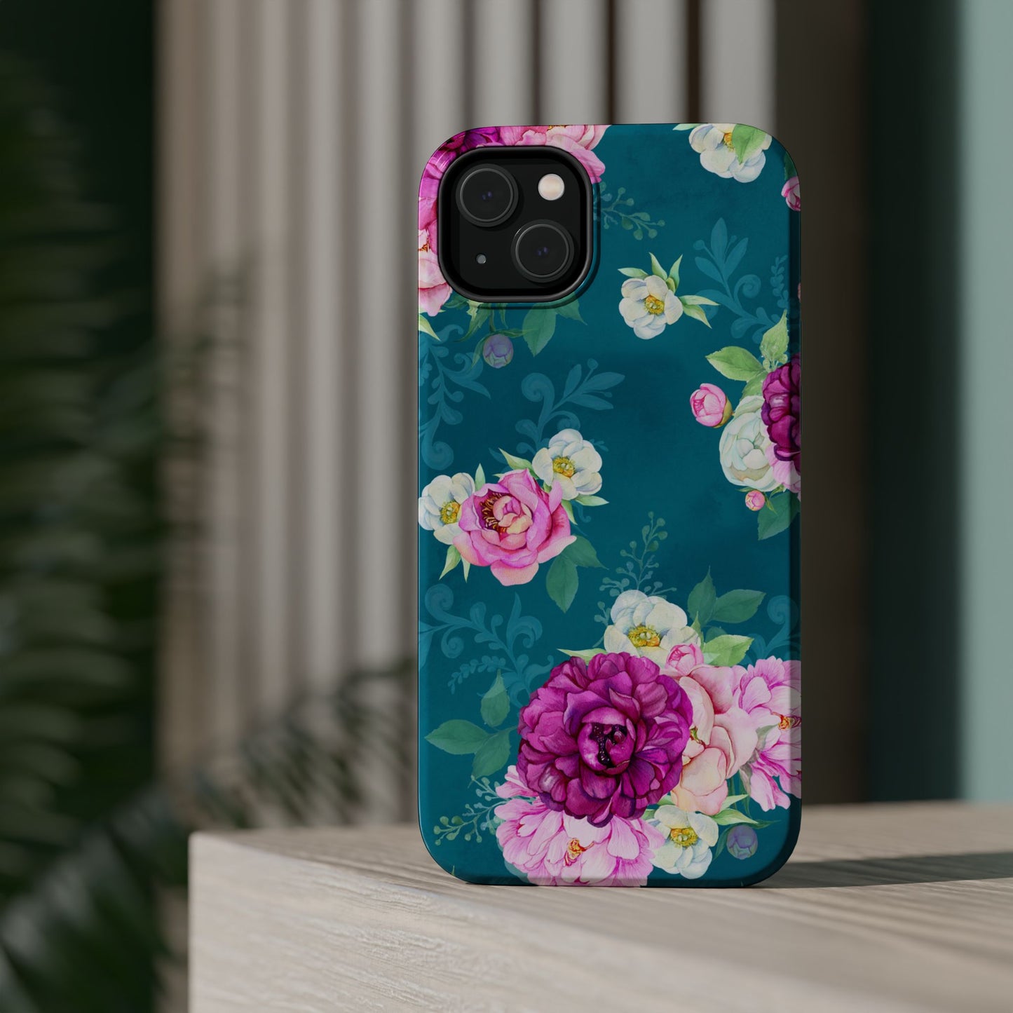 Elegant Peony Bouquet MagSafe iPhone Case – Deep Teal Background with Romantic Floral Design