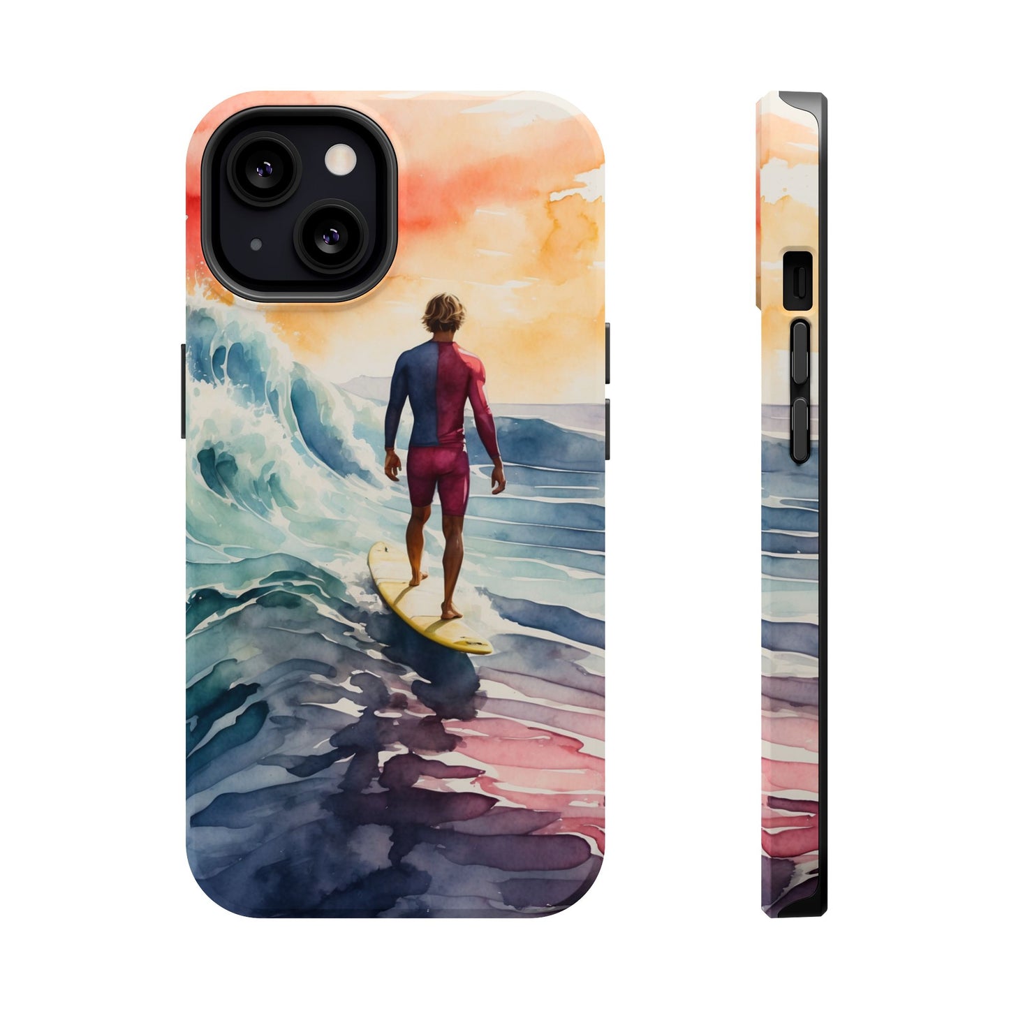 Surfer’s Sunset Wave MagSafe iPhone Case – Vibrant Watercolor Design