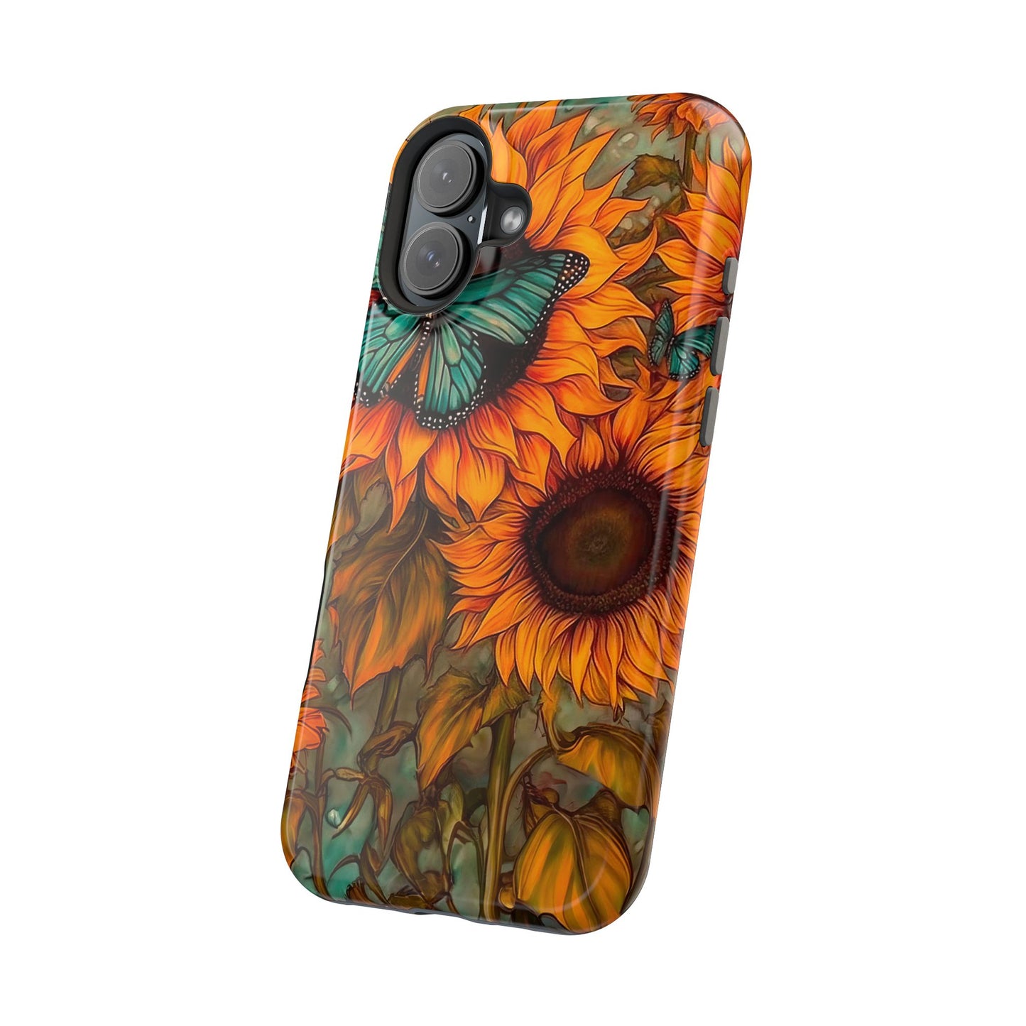 Vintage Blue Butterfly & Sunflower Art – MagSafe iPhone Case