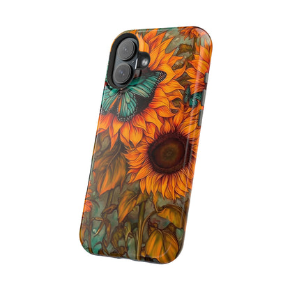 Vintage Blue Butterfly & Sunflower Art – MagSafe iPhone Case