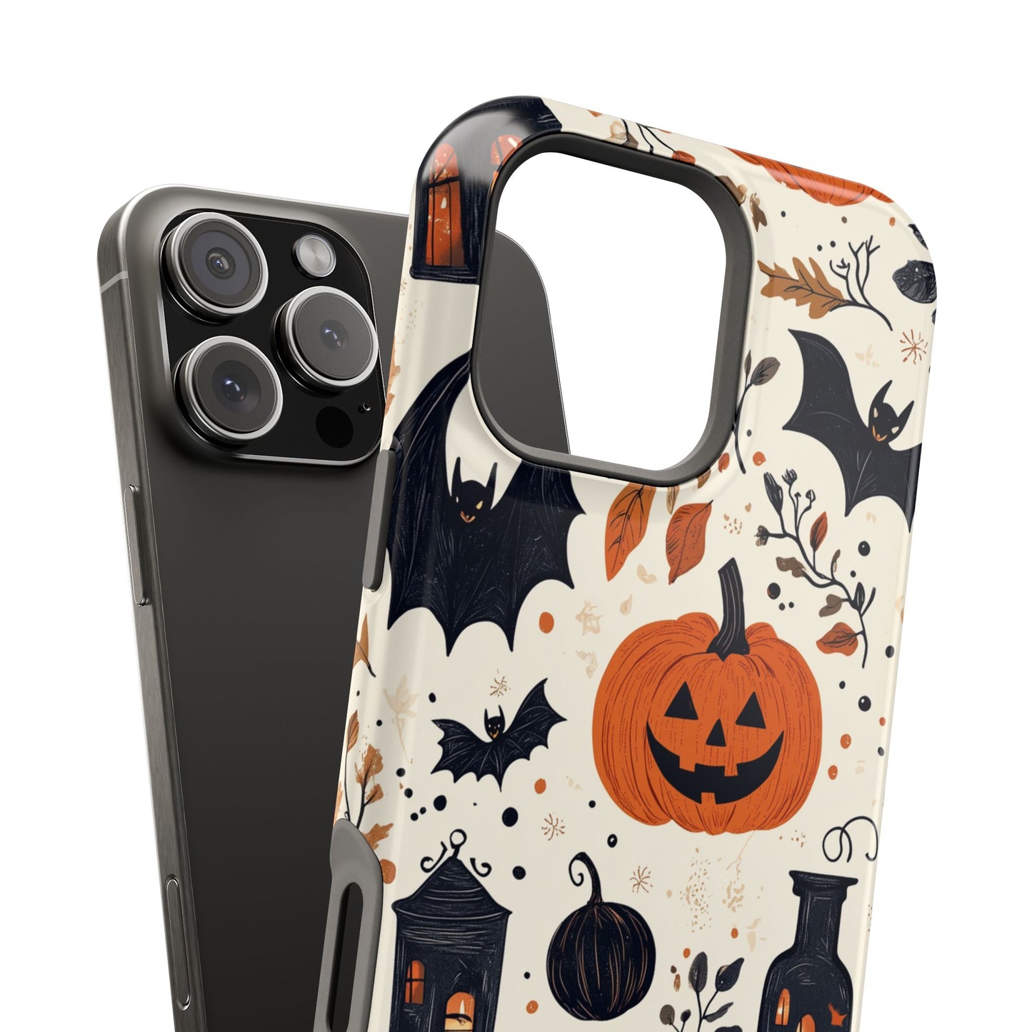 Charming Halloween MagSafe iPhone Case – Pumpkin, Bats, and Spooky Lantern Design