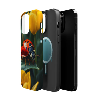 MagSafe iPhone Case: Vibrant Ladybug Amidst a Lush Yellow Flower Garden