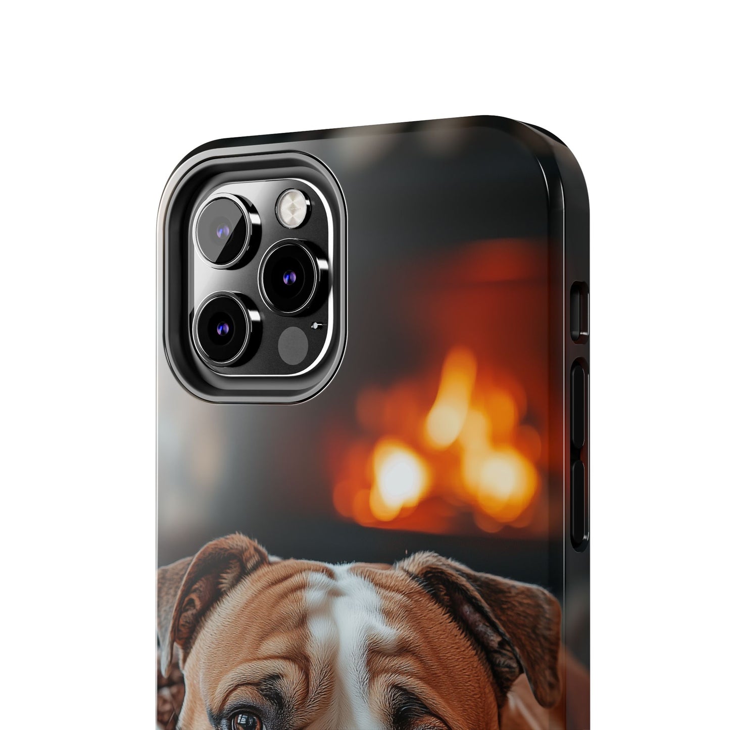 Cozy Bulldog iPhone Case – Fireside-Inspired Protective Cover Description: