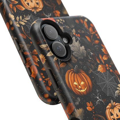 Elegant Halloween MagSafe iPhone Case – Pumpkin Jack-o'-Lanterns, Cobwebs & Autumn Foliage Design