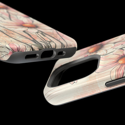 Pastel Pink Daisy MagSafe iPhone Case - Elegant Floral Plaid Protective Cover