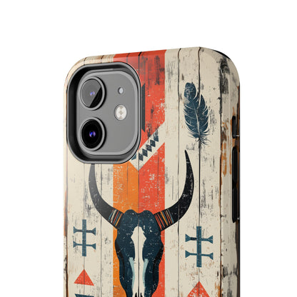 Rustic Western Bull Skull Tough iPhone Case – Distressed Wood Design, Dual - Layer Protection - BOGO Cases