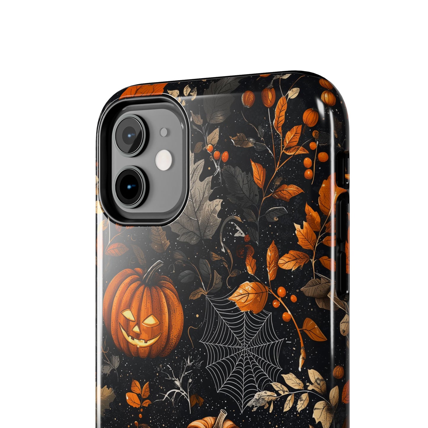 Elegant Halloween iPhone Case – Pumpkin Jack-o'-Lanterns, Cobwebs & Autumn Foliage Design