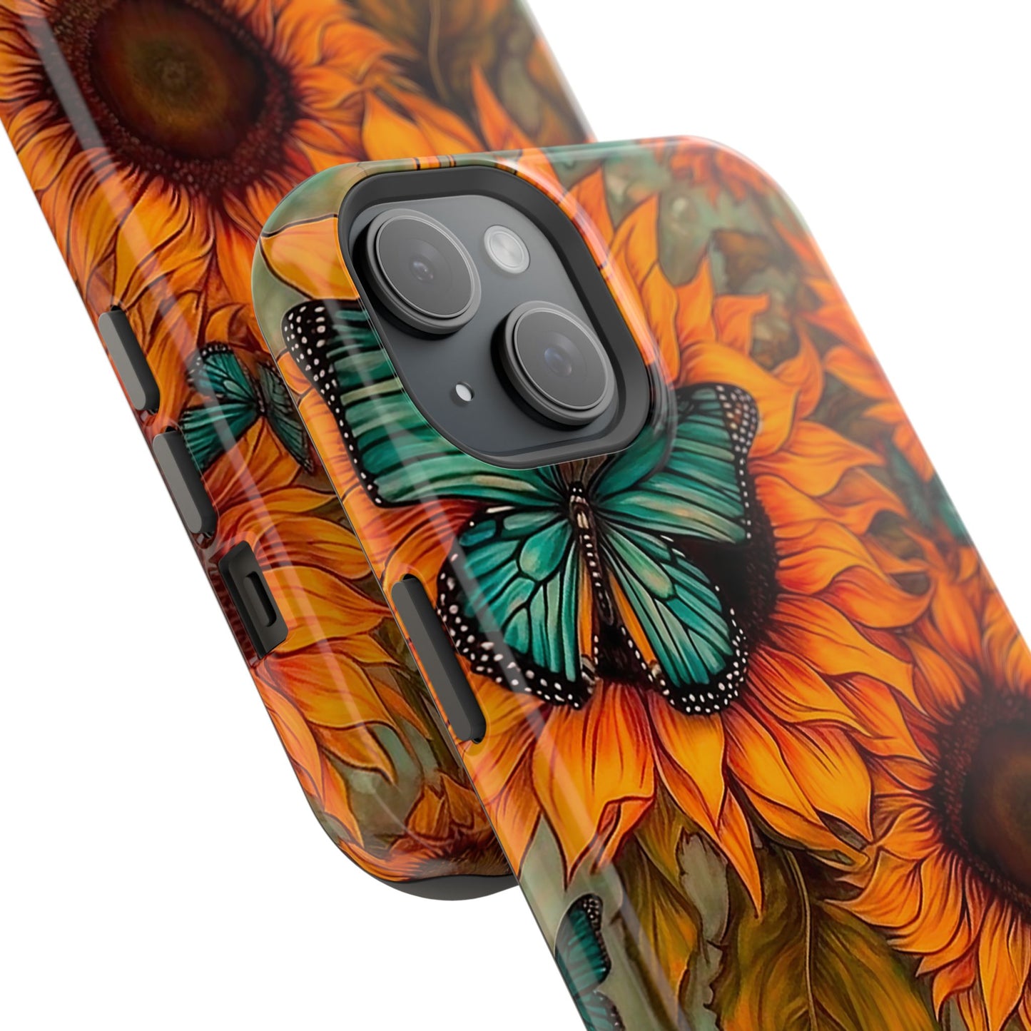 Vintage Blue Butterfly & Sunflower Art – MagSafe iPhone Case