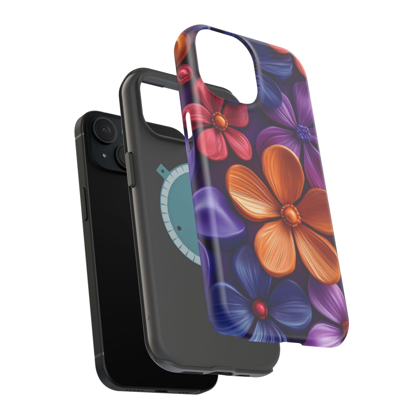 Bold Floral 3D MagSafe iPhone Case – Vivid Purple and Orange Flower Design, Shock-Resistant