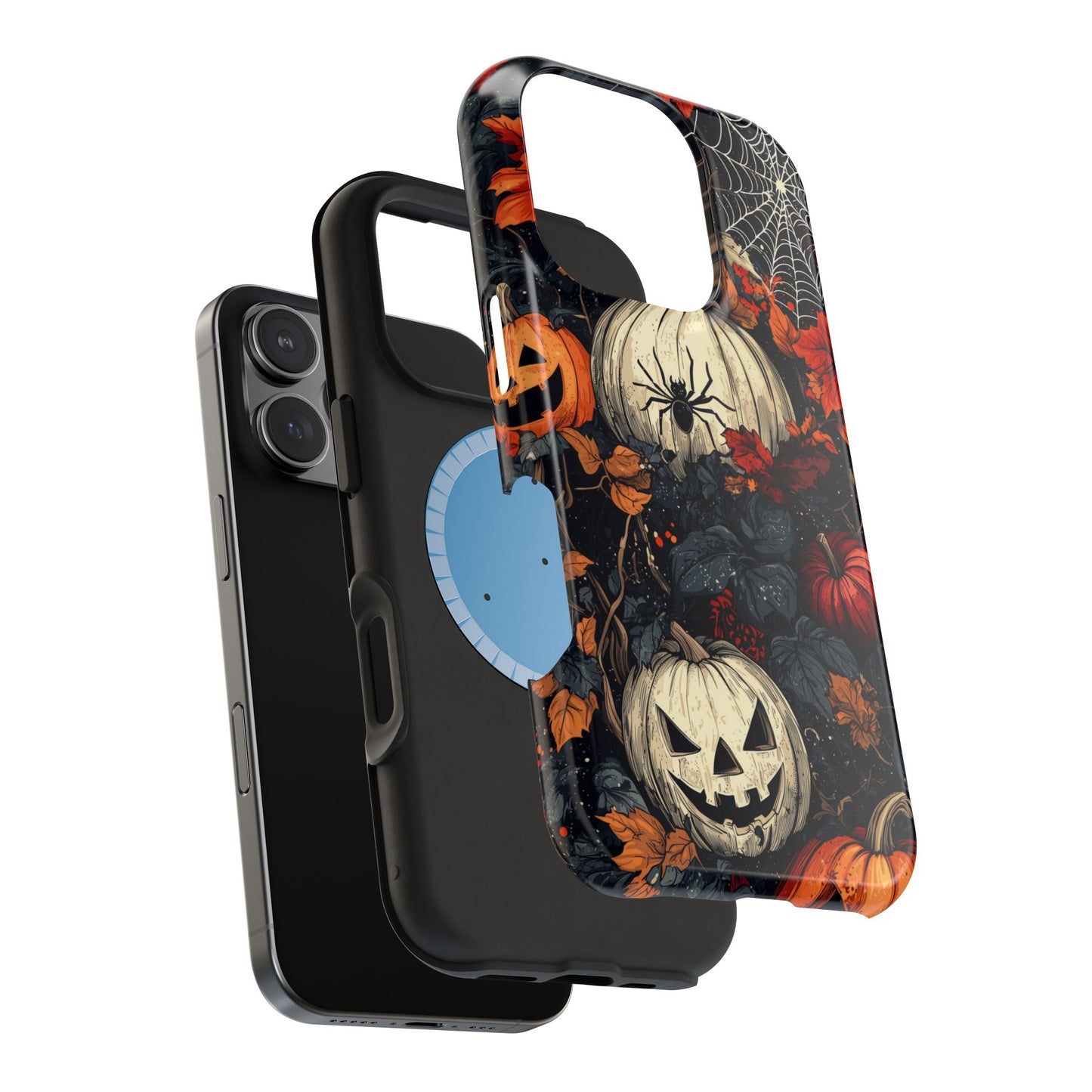 Hauntingly Elegant Halloween MagSafe iPhone Case – Pumpkins, Spiders, and Autumn Leaves Design