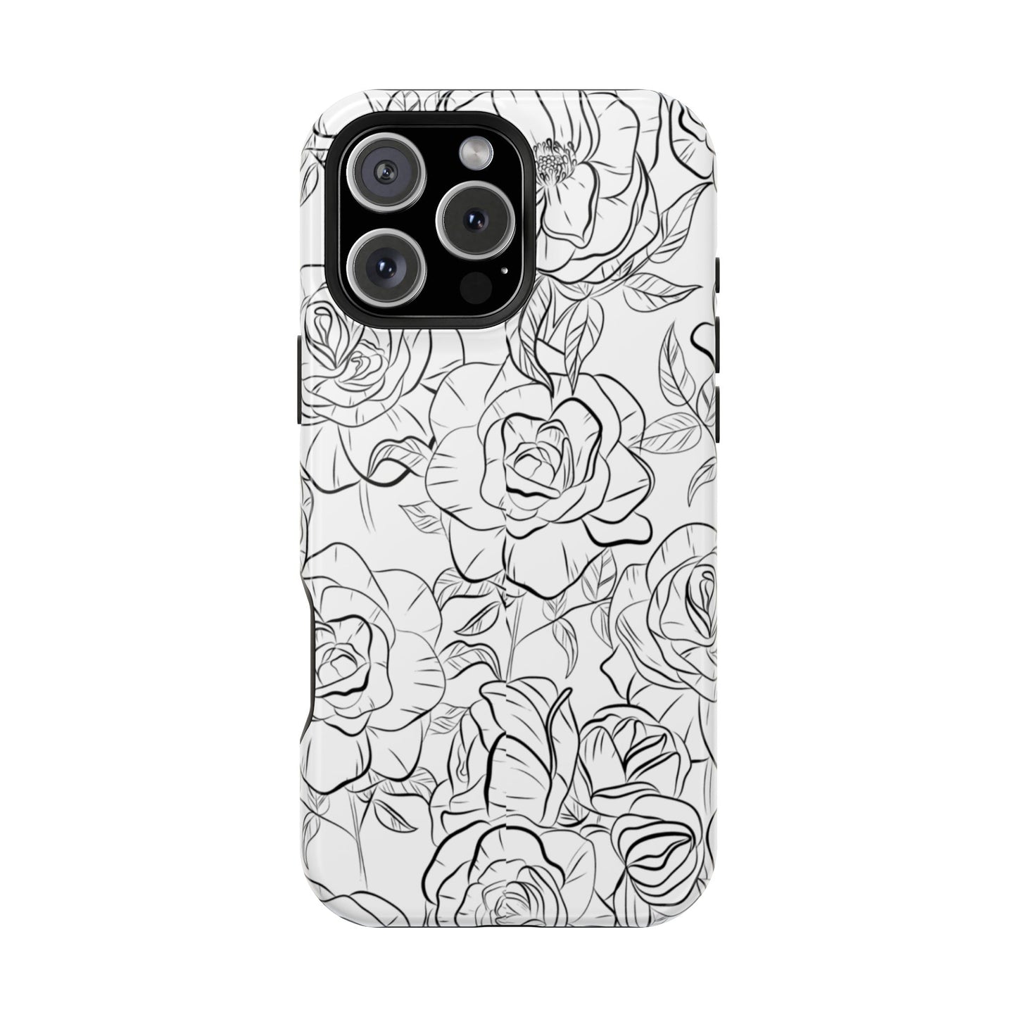 Monochrome Rose Garden Tough MagSafe iPhone Case – Elegant Floral Line Art with Dual-Layer Protection